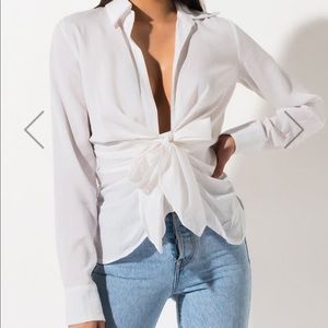 AKIRA white plunging neckline button up style top with tie NWOT